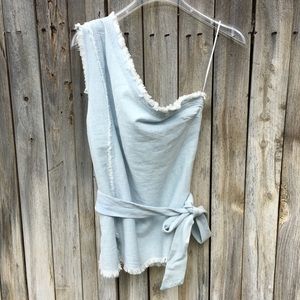 NWT Paige Rosie HW Emmanuelle Frayed Chambray Top Cotton Blue L